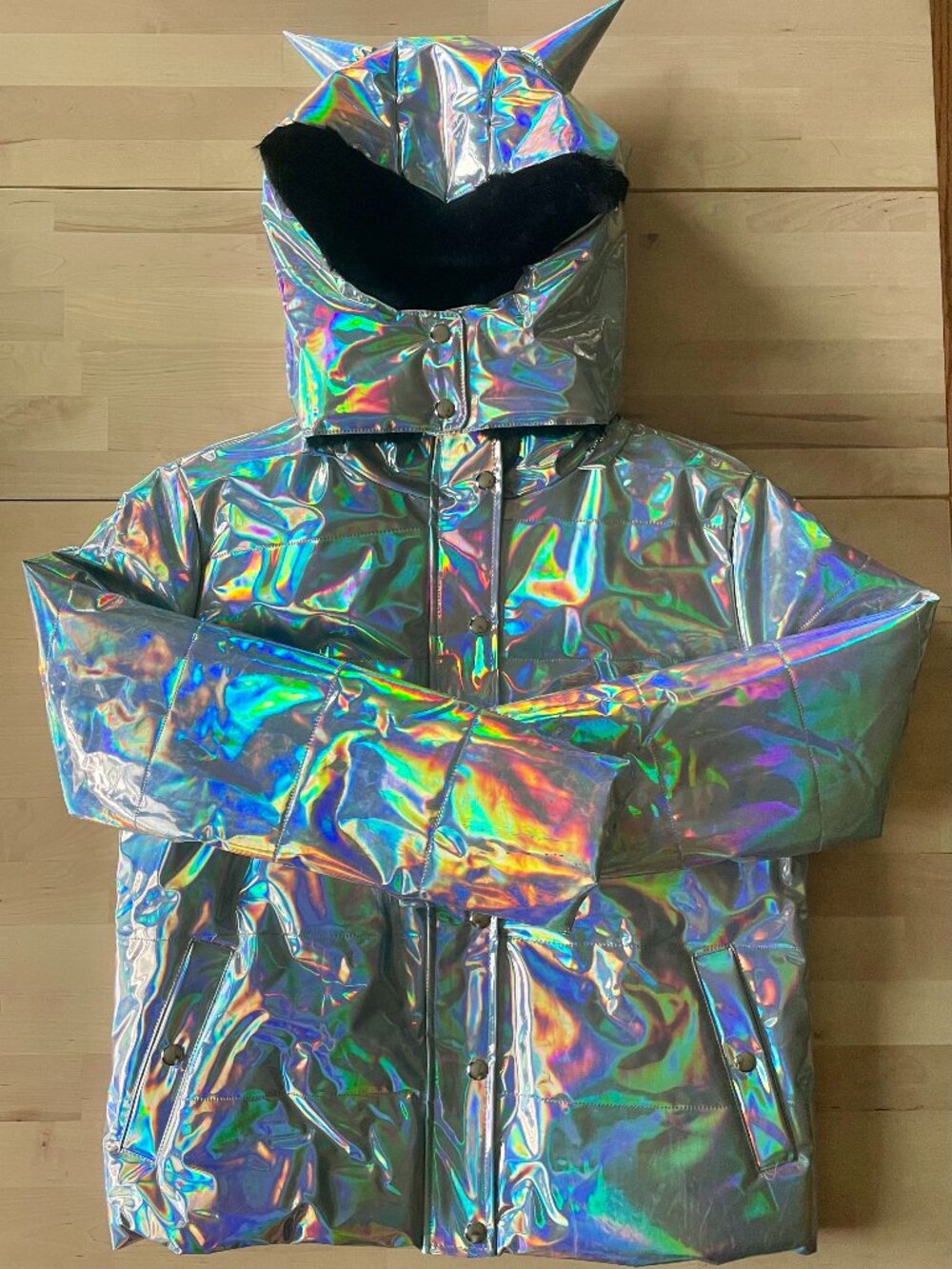 Dolls Kill Club EXX Women's Iridescent Puffer Jacket w/ Horned Hood size SM NWOT